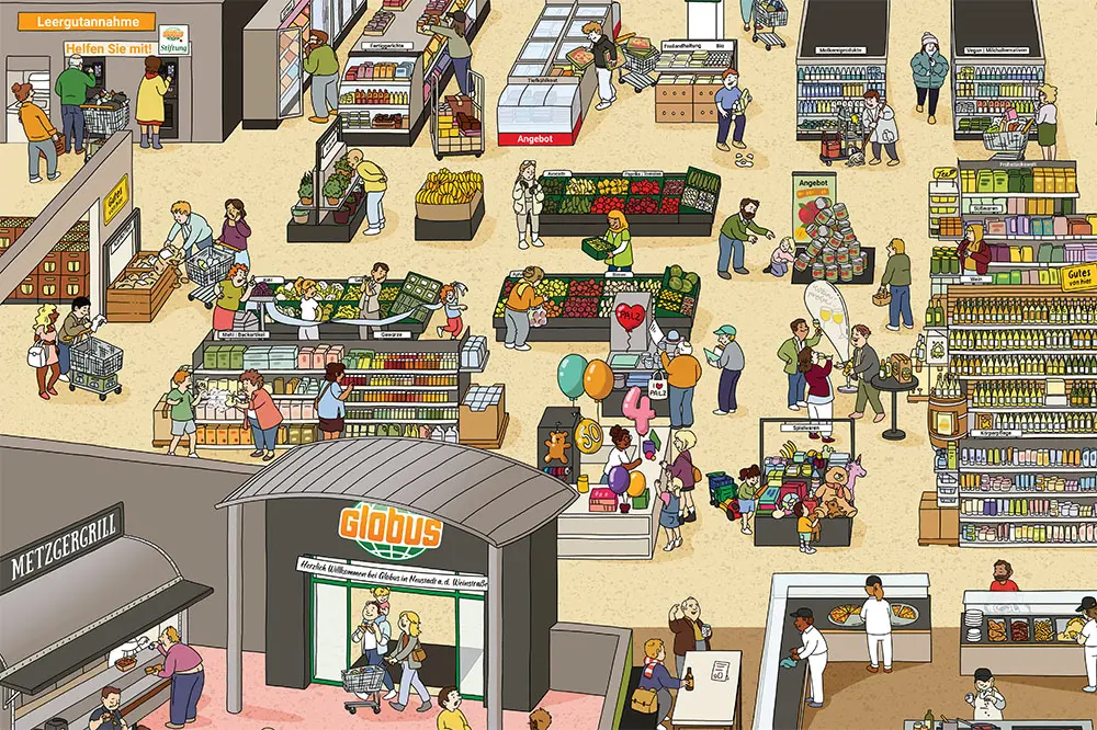 Supermarkt mit Obst- und Gemüseabteilung, Kühltheken, Regale, Eingang