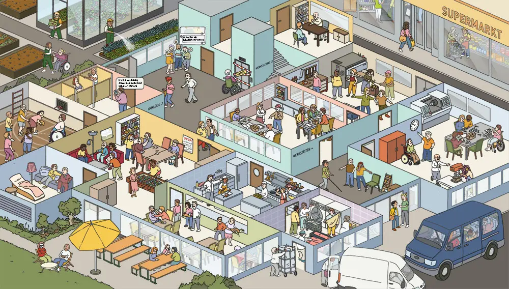 Übersichtliche isometrische Darstellung einer Werkstatt für behinderte Menschen mit verschiedenen Arbeits- und Aufenthaltsbereichen, mehreren Personen, darunter auch Rollstuhlfahrer, und Szenen, die mögliche Gewaltsituationen andeuten.