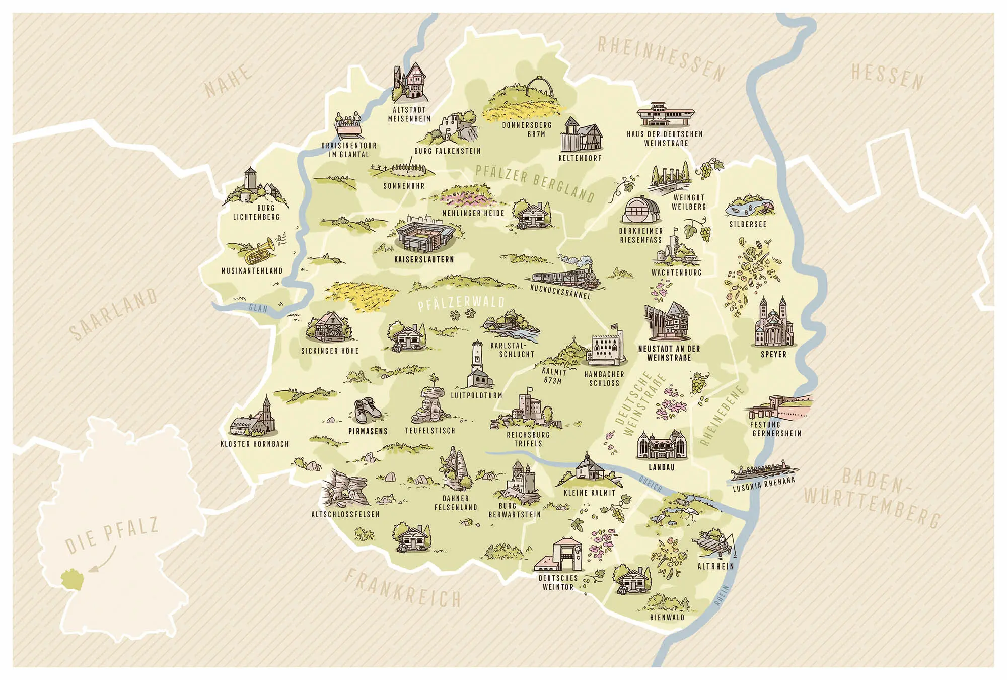 Illustrierte Karte der Pfalz mit kleinen gezeichneten Icons von Sehenswürdigkeiten