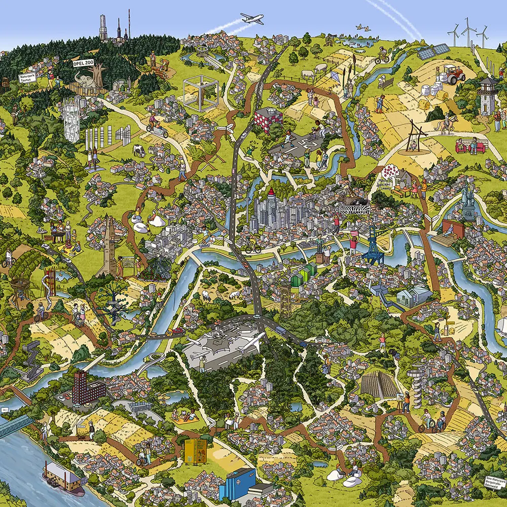 Detaillierte bunte Wimmelbildkarte mit Fluss, Stadtgebieten, Feldern, Windrädern, Industrieanlagen, Brücken, Straßen und zahlreichen kleinen Figuren und Fahrzeugen